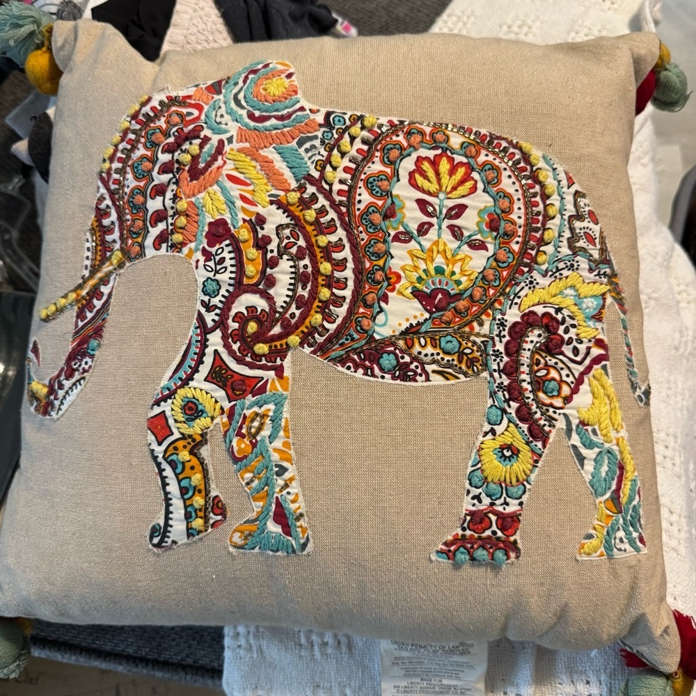 Vibrant Embroidered‎ Elephant Duck Down Throw Pillow